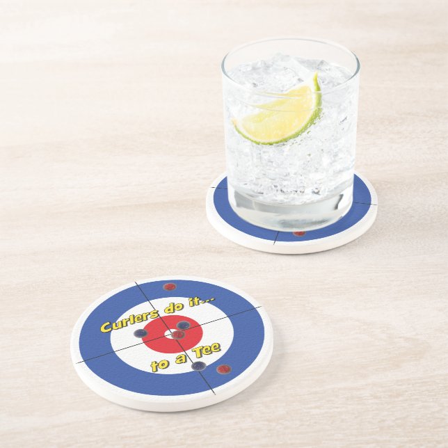 "Curlers do it to a Tee" Sandstone Coaster -(Blue) (Side)