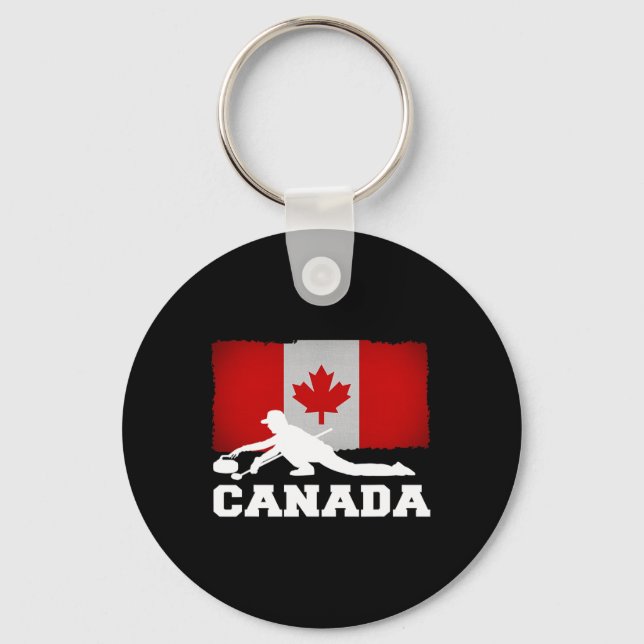 Curling Canada Flag Pride Vacation Travel Canadian Keychain (Front)