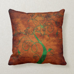 Curling Green Vines on Rustic Brown Throw Pillow
