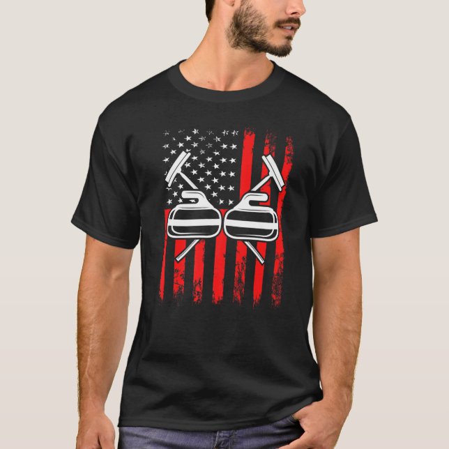 Curling Rock Broom Winter Sports American Flag USA T-Shirt (Front)