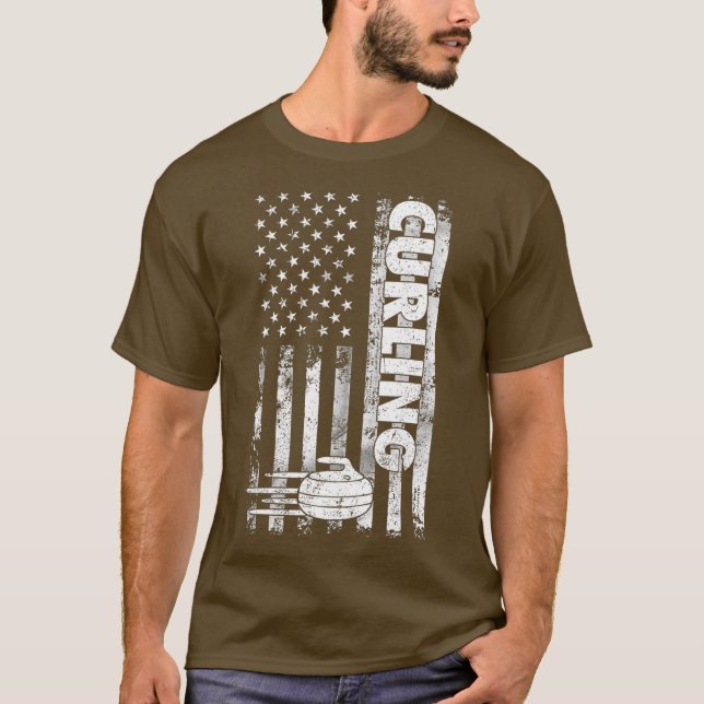 Curling Rock  with USA Flag  Curling T-Shirt (Front)