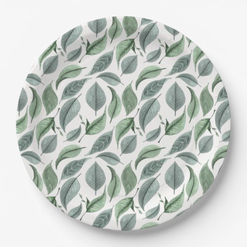 Curling swirling falling green leaves  paper plates