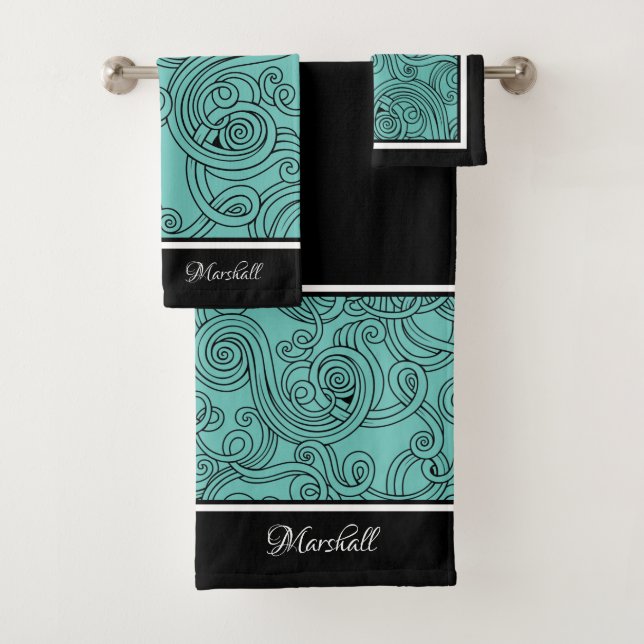 Curls Design Aqua Black White Bath Towel Set (Insitu)