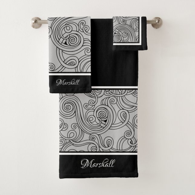 Curls Design Gray Black White Bath Towel Set (Insitu)