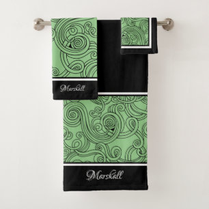 Curls Design Green Black White Bath Towel Set