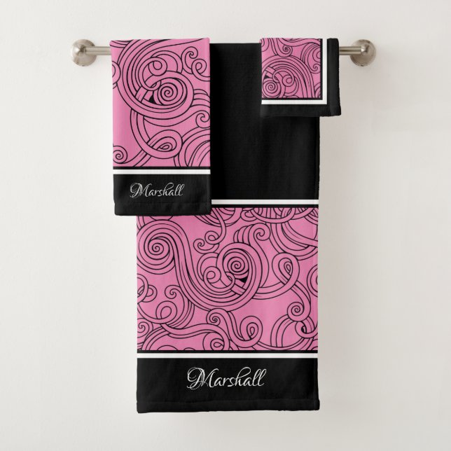 Curls Design Pink Black White Bath Towel Set (Insitu)