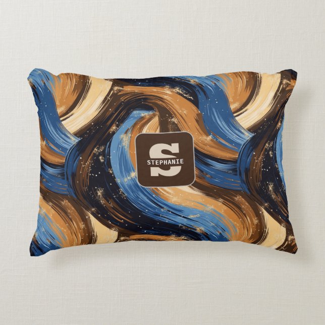 Curly Abstract Brushstrokes in Blue & Brown Accent Pillow (Front)