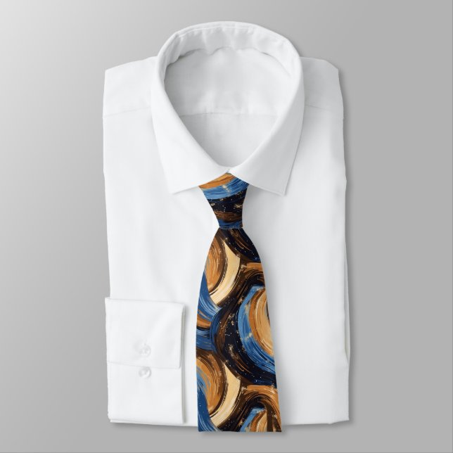 Curly Abstract Brushstrokes in Blue & Brown Neck Tie (Tied)