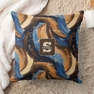 Curly Abstract Brushstrokes in Blue & Brown Throw Pillow