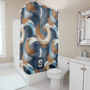 Curly Abstract Brushstrokes in Blue, White & Brown Shower Curtain