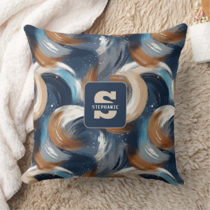 Curly Abstract Brushstrokes in Blue, White & Brown Throw Pillow