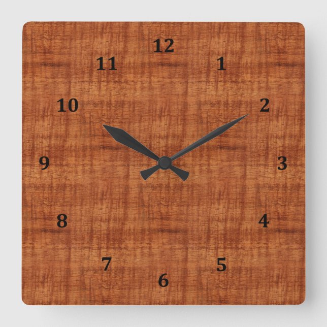 Curly Acacia Wood Grain Look Square Wall Clock (Front)