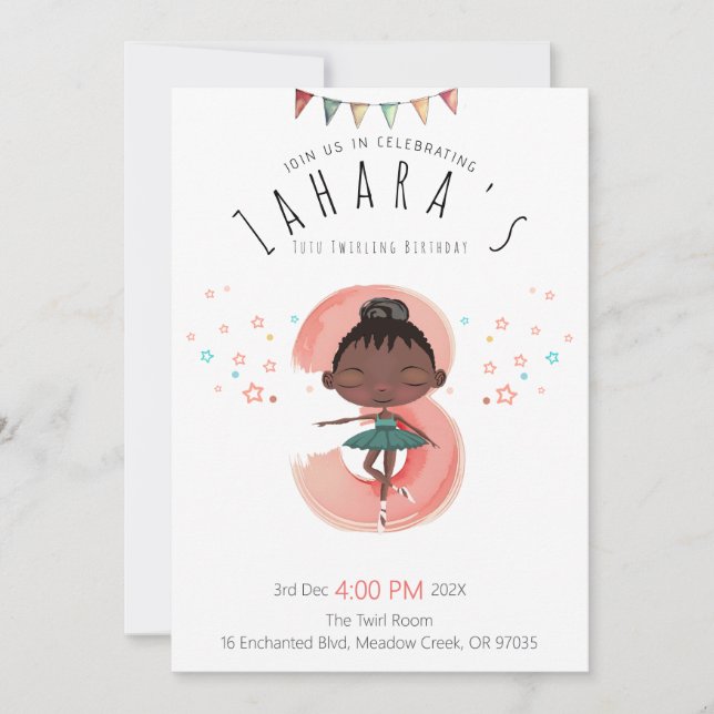 Curly Ballerina 3rd Birthday Black Girl Invitation (Front)