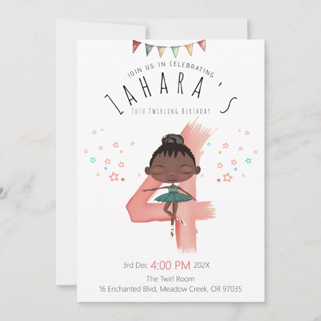 Curly Ballerina 4th Birthday Girl Invitation (Front)