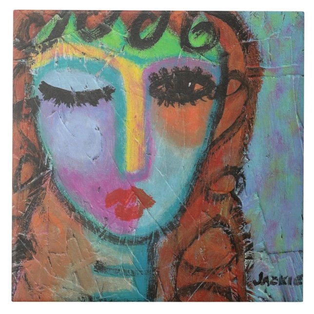 Curly Bangs Abstract Acrylic Painting on OSB Ceramic Tile (Front)