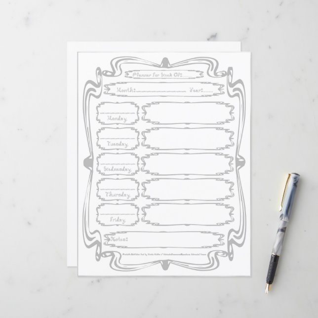 Curly Bracket Silver Fabric Font 5 Weekday Planner (Front/Back In Situ)