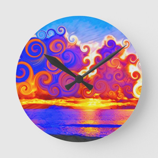 Curly California Sunset Seashore Round Clock (Front)