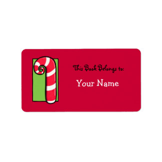 Curly Candy Cane red Bookplate Label