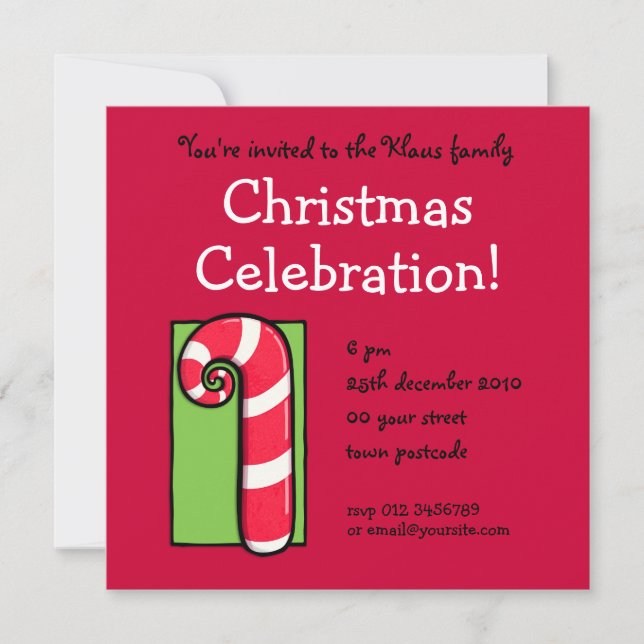 Curly Candy Cane red Christmas Party Invitation (Front)
