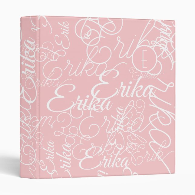 Curly Custom Name Modern Monogram Pink 3 Ring Binder (Front/Spine)