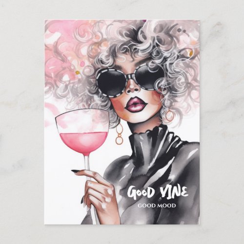 Curly girl red lips vine black dress watercolor postcard