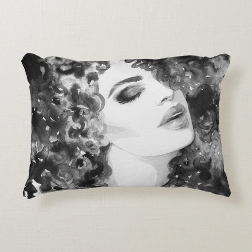Curly Grace Fashion Watercolor Beauty Accent Pillow