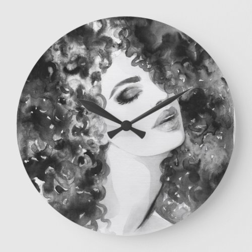 Curly Grace Fashion Watercolor Beauty Large Clock