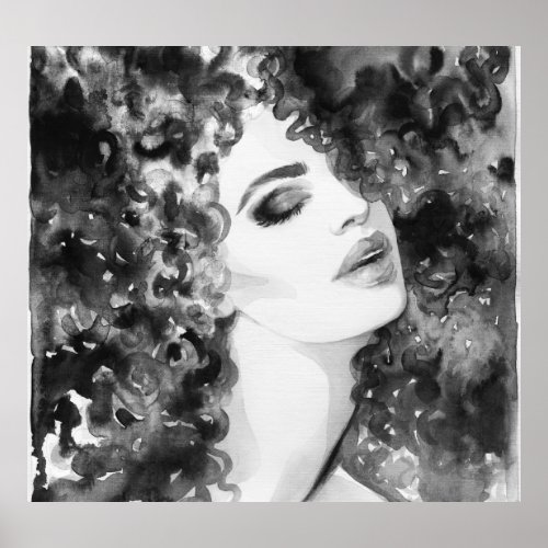 Curly Grace Fashion Watercolor Beauty Poster