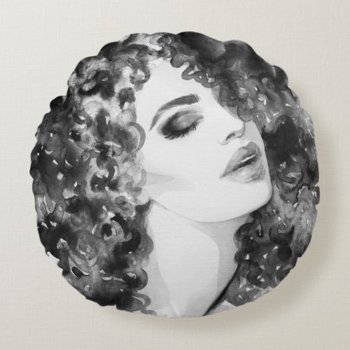 Curly Grace Fashion Watercolor Beauty Round Pillow