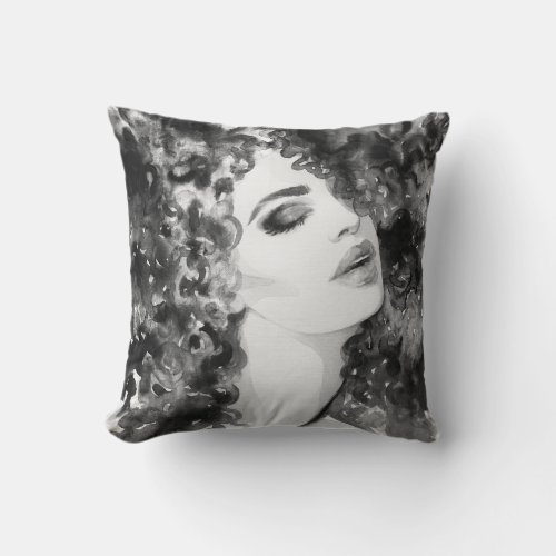 Curly Grace Fashion Watercolor Beauty Throw Pillow
