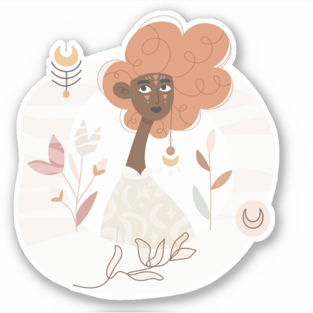 Curly hair brown skinned boho woman flowers moon s sticker (Front)