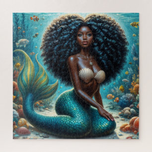 Curly-Haired Black Mermaid Underwater Art Jigsaw Puzzle