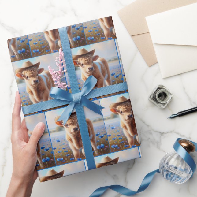 Curly Haired Calf With Cowboy Hat Wrapping Paper (Gifting)