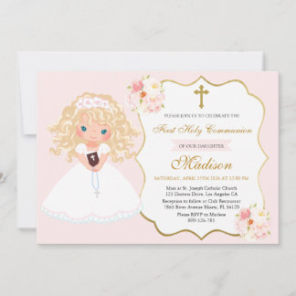 Curly haired Girl First Communion Soft Pink floral Invitation