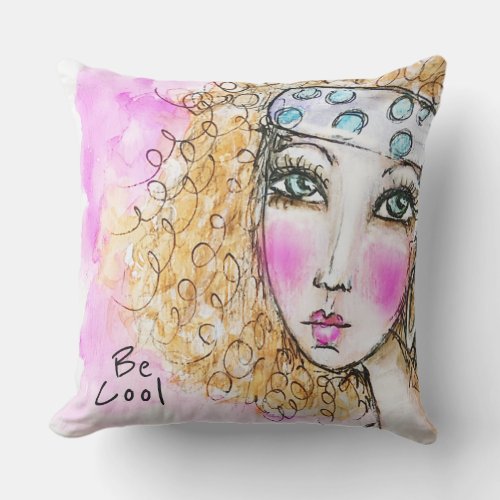 Curly Haired Girl Pink Fun Whimsical Artistic Blue Throw Pillow