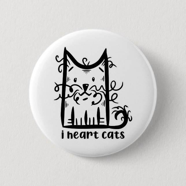Curly Haired Messy Cat I Heart Cats Button (Front)
