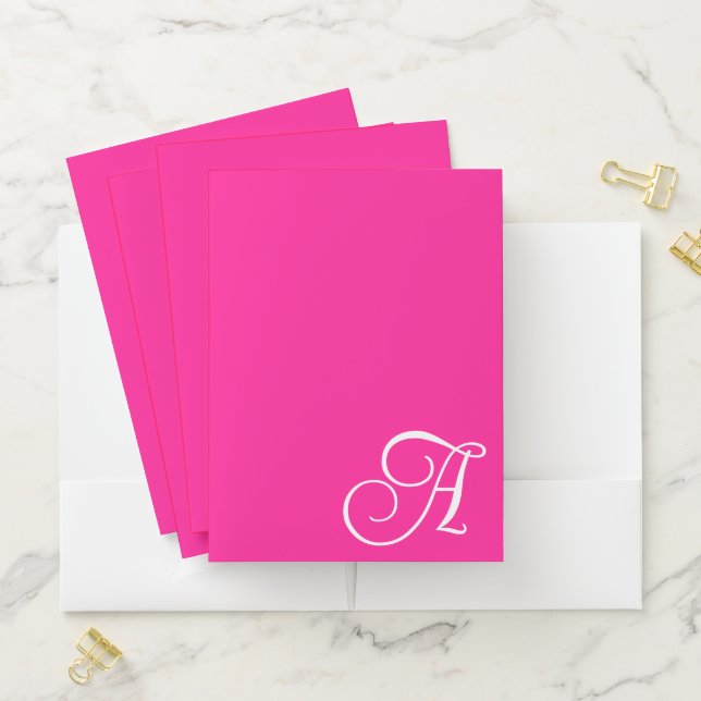 Curly Hot Pink and White Minimalist Monogram Pocket Folder (In Situ)