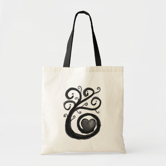 Curly Inky Heart Plant Tote Bag Monochrome (Front)