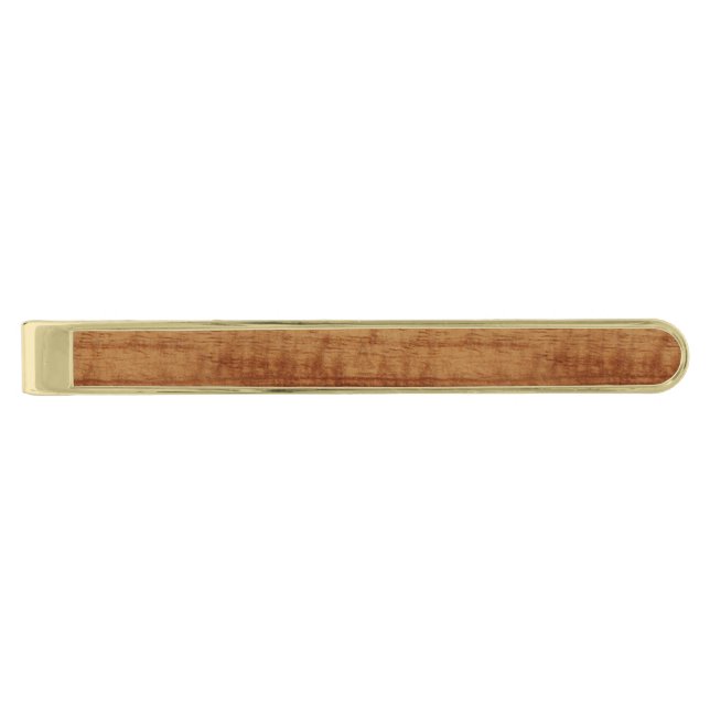 Curly Koa Acacia Wood Grain Look Gold Finish Tie Clip (Front)