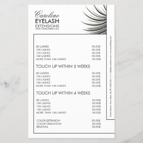 Curly Lash Extensions Bordered White Price List Flyer