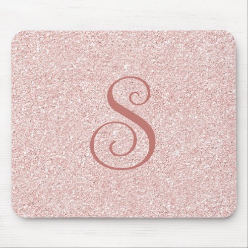 Curly Script Monogram Rose Gold Glitter Mouse Pad