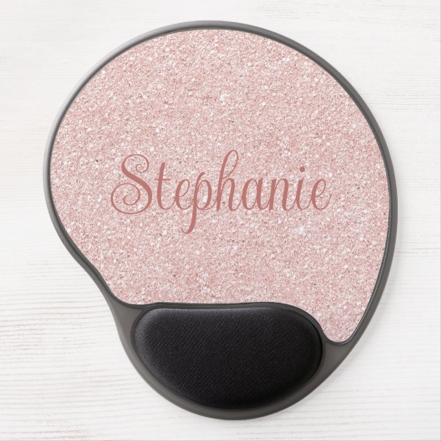 Curly Script Name Rose Gold Glitter Gel Mouse Pad (Front)