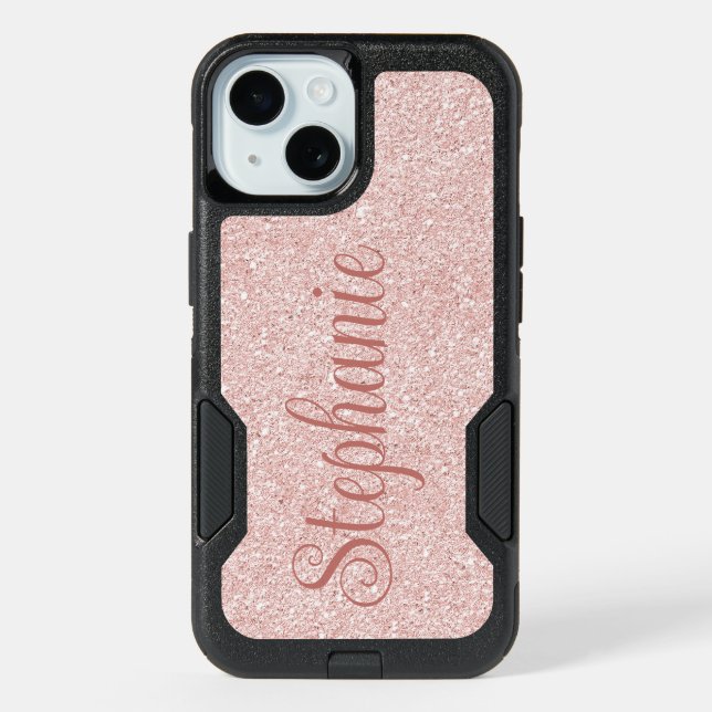 Curly Script Name Rose Gold Glitter iPhone 15 Case (Back)