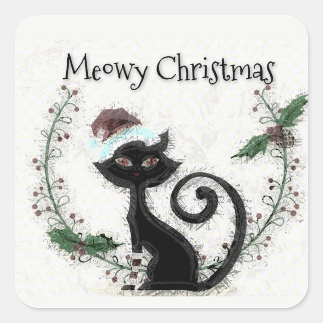 Curly Tailed Black Cat with Christmas Hat Square Sticker (Front)