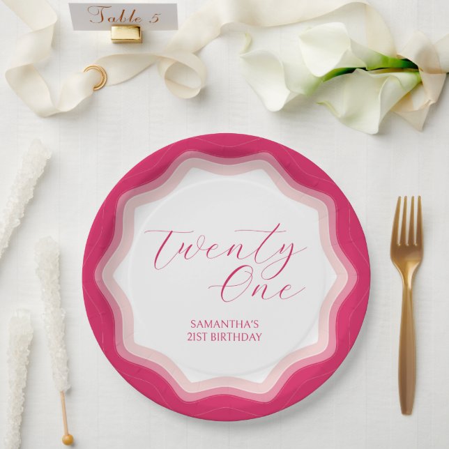 Curly Wavy Pink Retro 21st Birthday Sticker Paper Plates (Wedding)