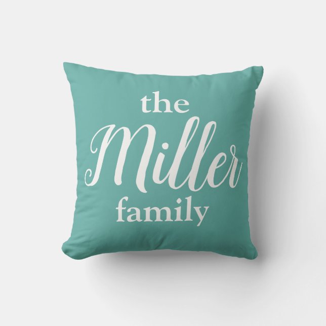 Curly White Text & Teal Family Monogram Pillow (Front)