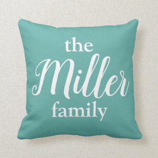 Curly White Text & Teal Family Monogram Pillow