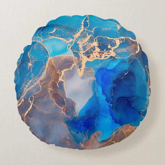 Currents of translucent hues, snaking metallic swi round pillow (Front)