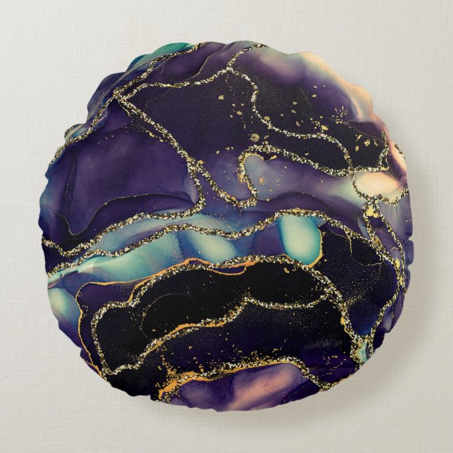 Currents of translucent hues, snaking metallic swi round pillow (Front)