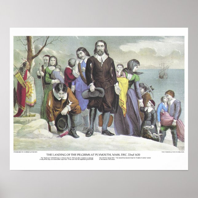 Currier & Ives Lithograph: Landing Pilgrims Poster (Front)
